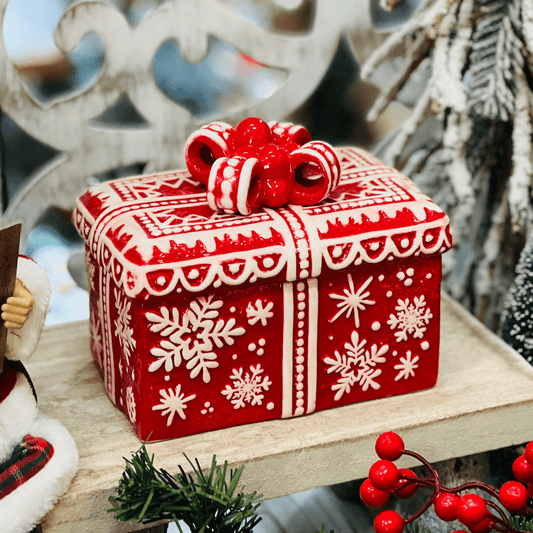 Pote Natalino Presente Vermelho e Branco de Cerâmica 18x13x15cm