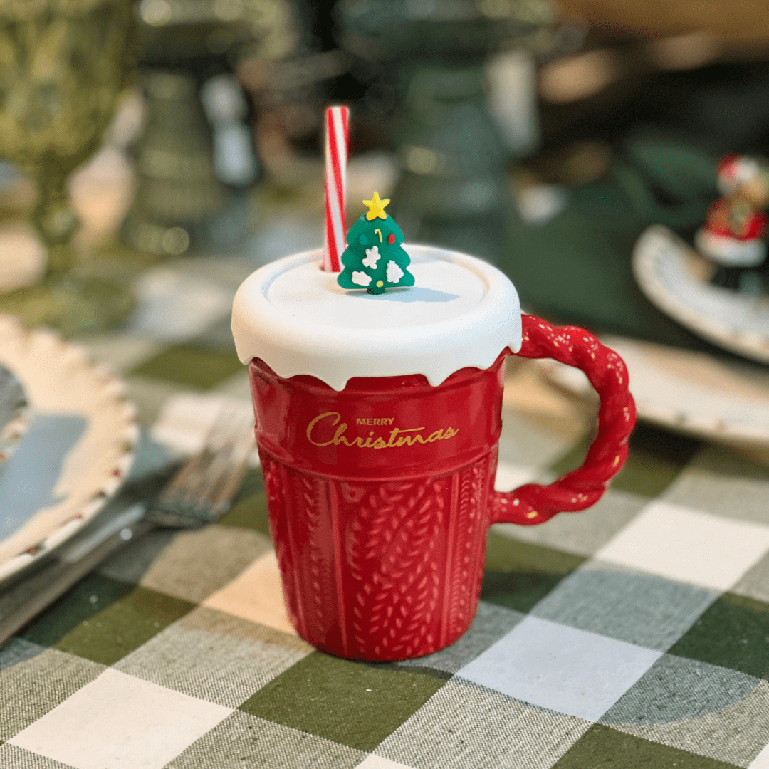 Caneca Natalina Vermelha Com Tampa e Canudo 400ml