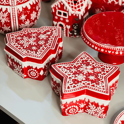 Pote Natalino Estrela Vermelho e Branco de Cerâmica 20x20x9cm