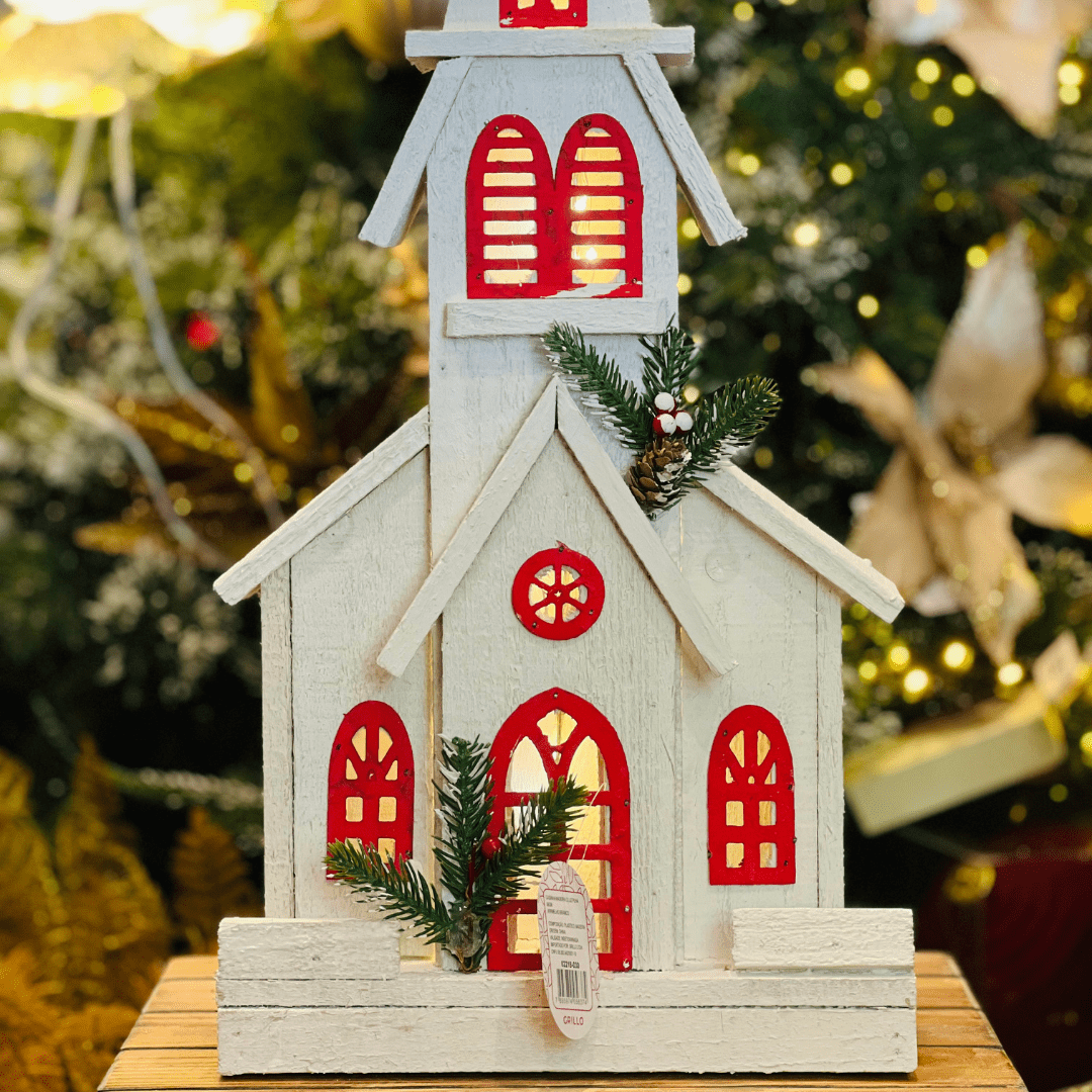 Casinha Com Led Vermelha e Branca de Madeira 56x25cm - Pilha