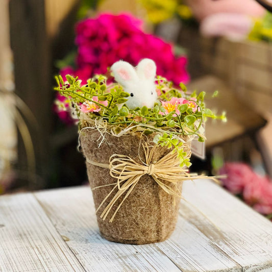 Vaso Decorativo Com Coelho e Flores - 15x15x20cm