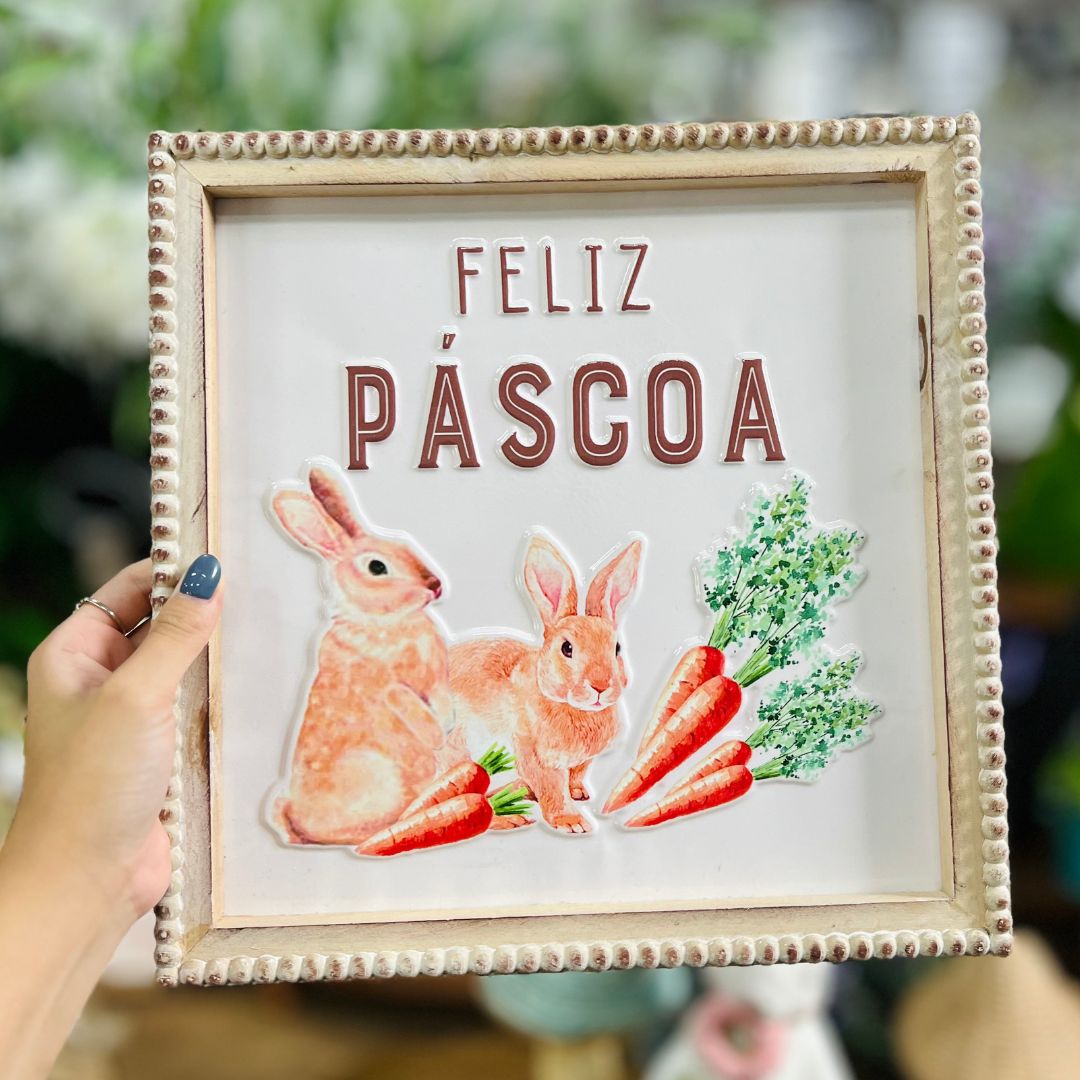 Quadro Feliz Páscoa Com Coelhos - 30cm