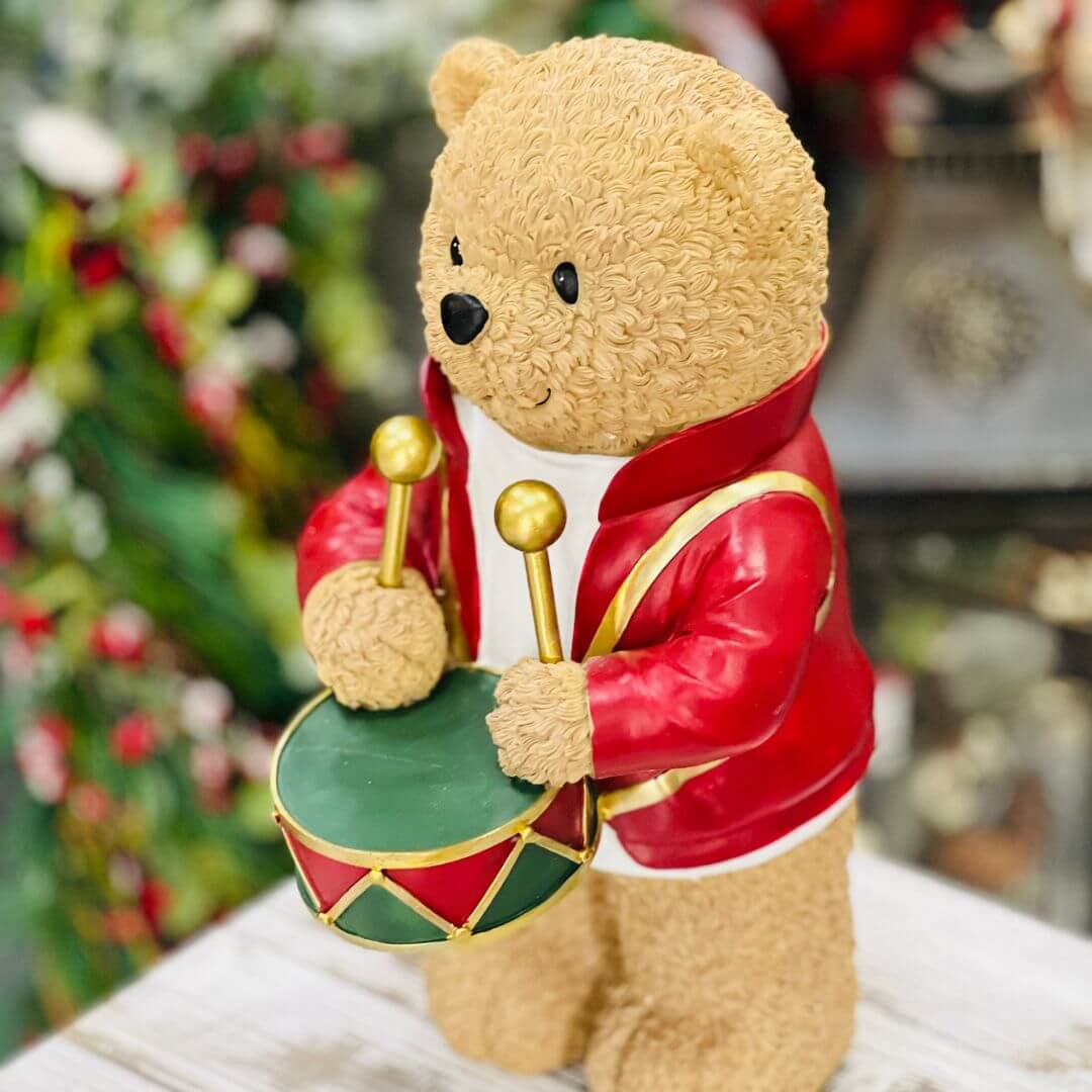Resina Natal Urso Músico Com Tambor 43cmx23x22
