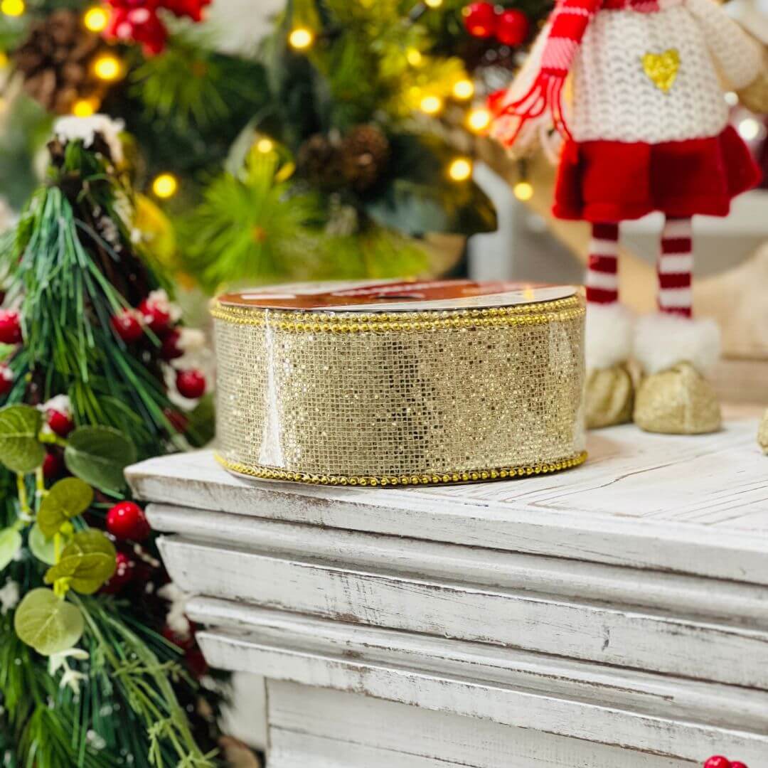 Fita Aramada Com Glitter Dourado - 6,3cmx914m