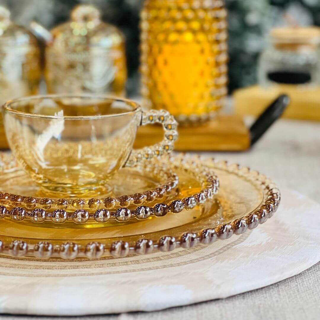 Prato Para Sobremesa de Cristal de Chumbo Coração Âmbar Metalizado - 20cm