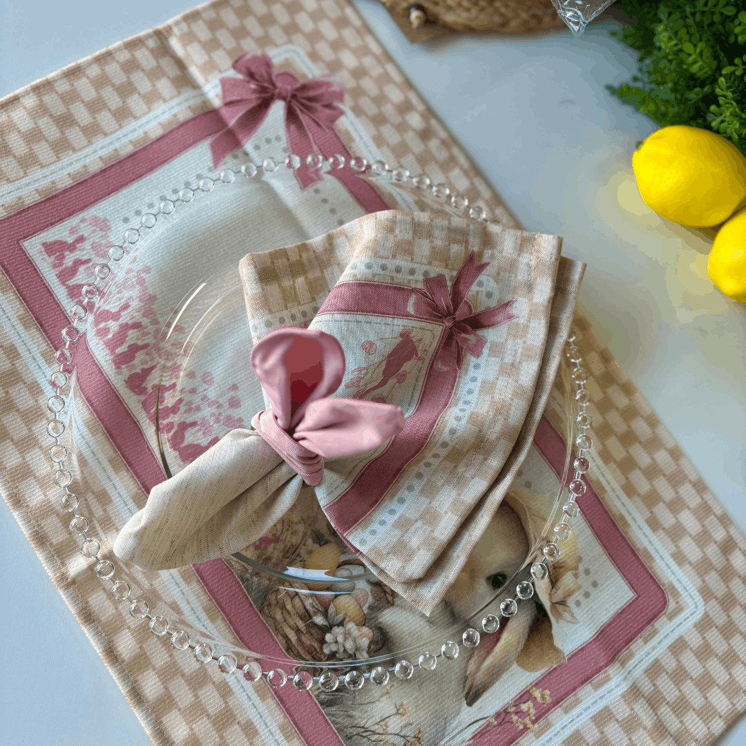 Conjunto 2 Guardanapos de Páscoa Coelha e Laços - 40 Cm