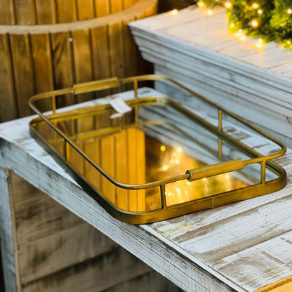 Bandeja Decorativa em Metal com Espelho Dourada – 52cm