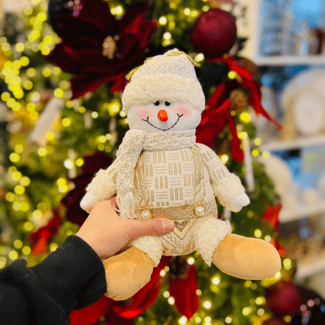 Boneco de Neve Natalino Sentado Champanhe 25cm
