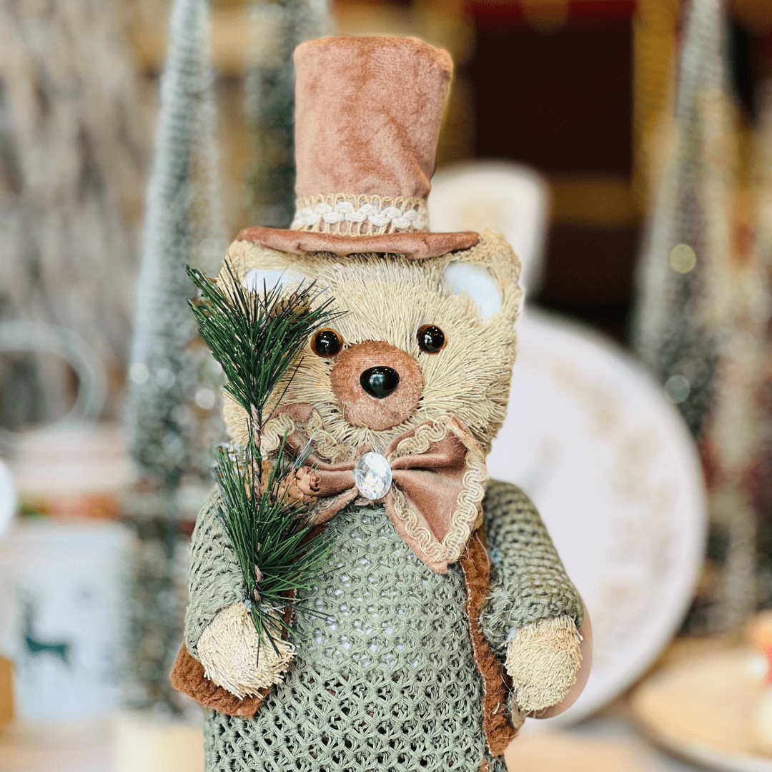 Urso Natalino de Cartola Marrom e Verde 33x18cm