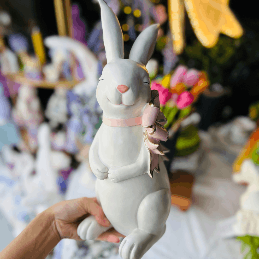 Coelho Com Laço Cute Family Branco e Rosa 38x14x18cm