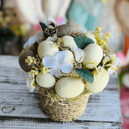 Vaso Decoratico Com Flor e Ovinhos Bege e Amarelo - 20cm