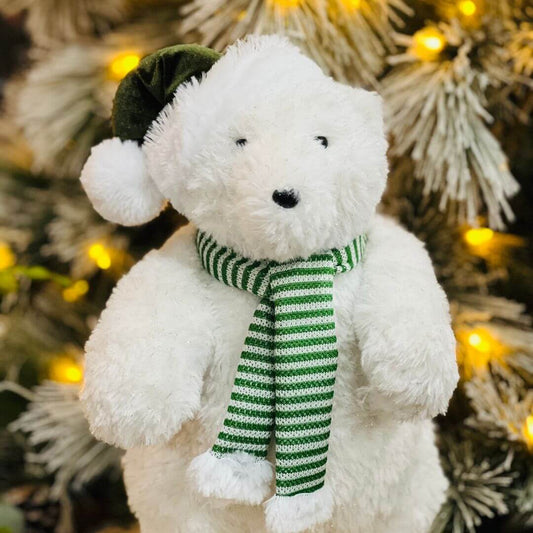 Urso Polar Natalino Em Pé Branco e Verde 38x20cm