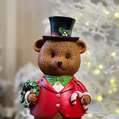 Urso Resina Com Guirlanda e Bengala - Alt 33 Cm