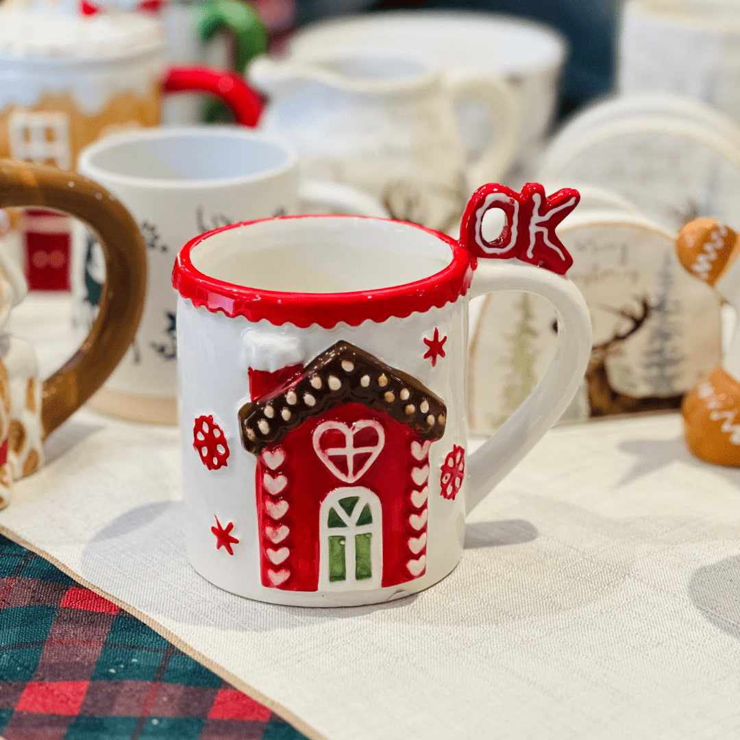 Caneca Natalina Casinha de Cerâmica 350ml 10cm