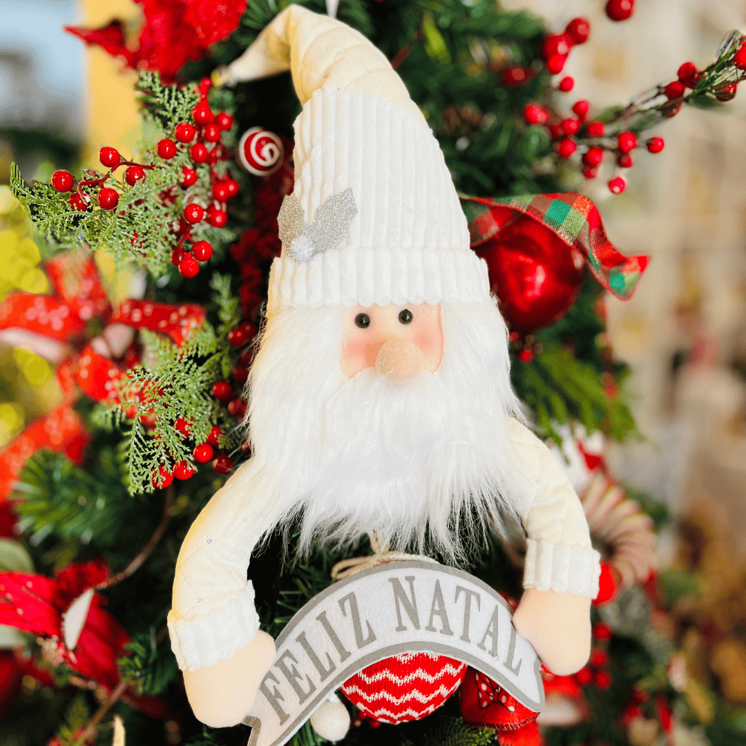 Papai Noel para Pendurar Branco e Prata de Pelúcia 60x30cm