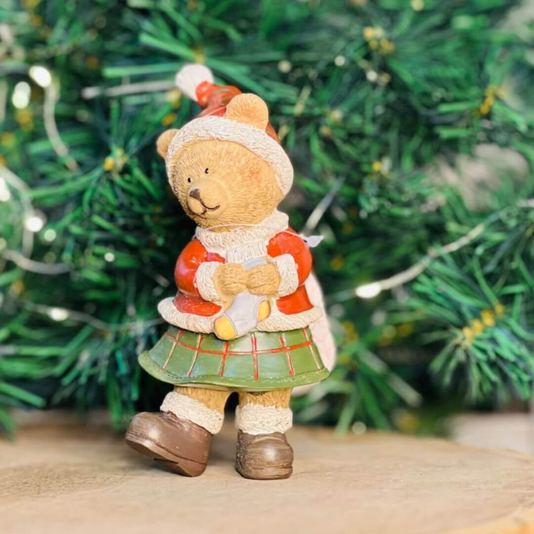 Urso Menina Resina  - 14cm Vermelho Verde