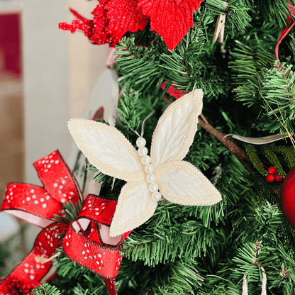 Galho Natalino Borboleta Aveludado Off White 17cm