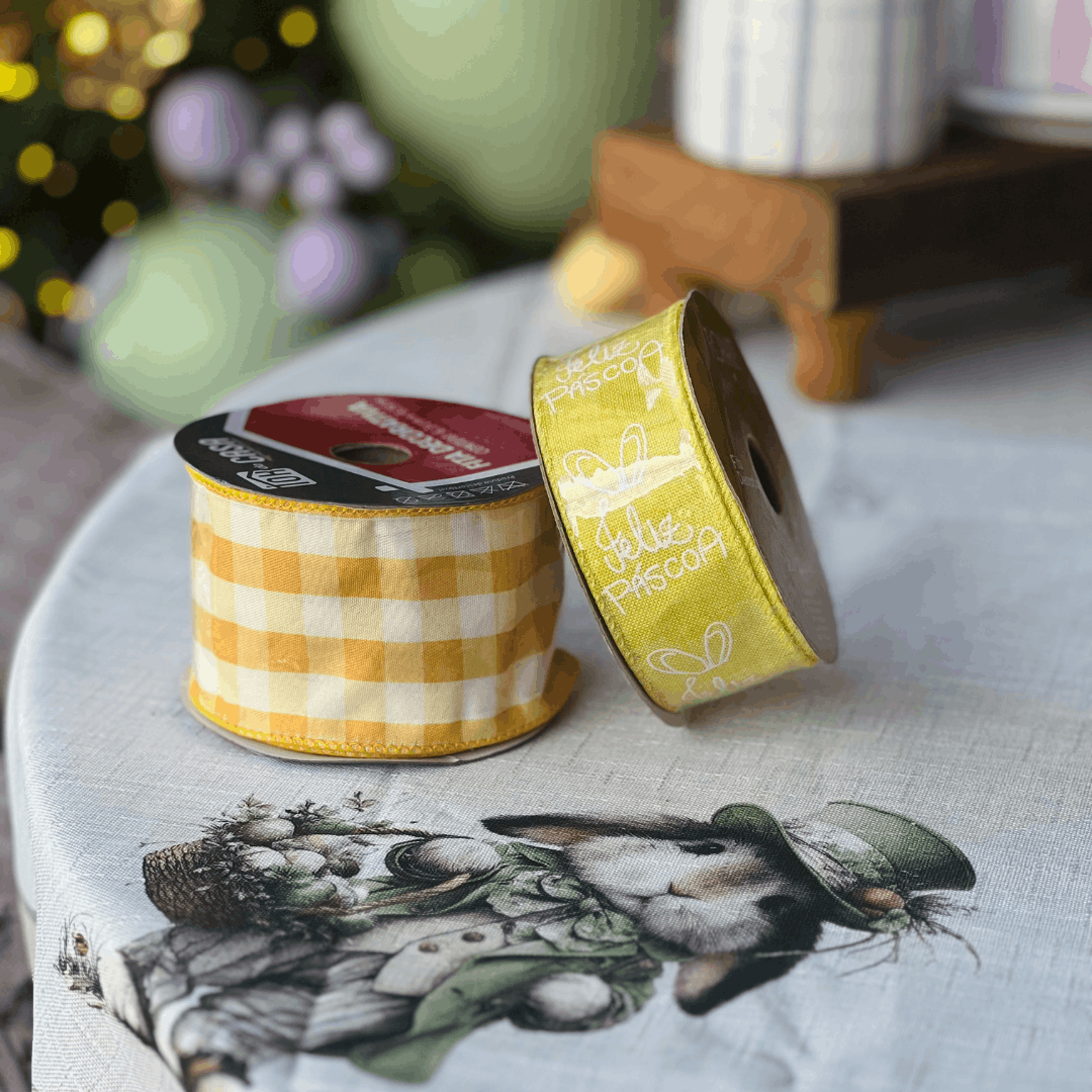 Fita Decorativa Aramada Xadrez Amarelo 6,3cm x 9,14m