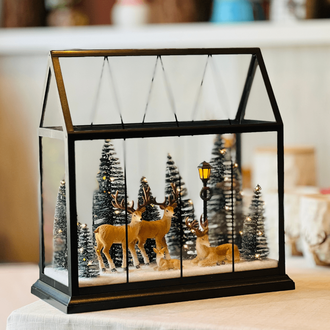 Lamparina Natalina Renas na Floresta Com Led 33x15x33cm