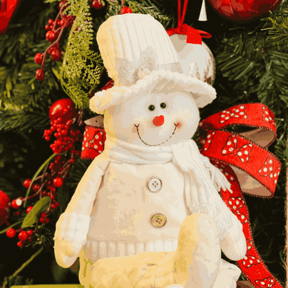 Boneco de Neve Sentado Branco e Prata de Pelúcia 60x23cm