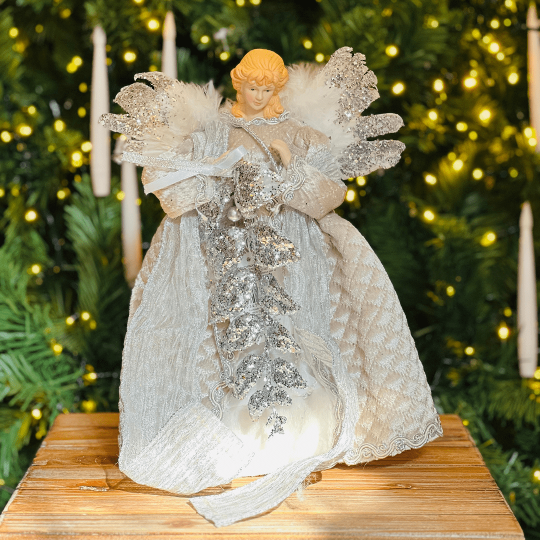 Anjo Natalino Com Arranjo Prata 30cm
