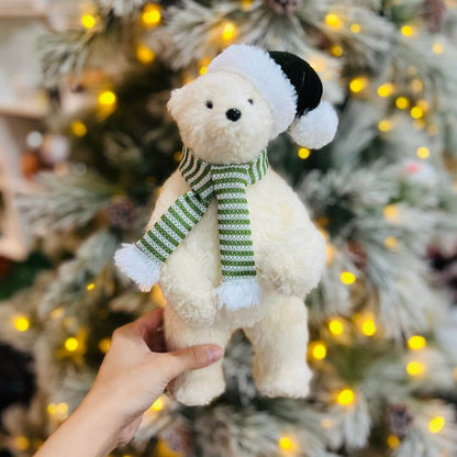 Urso Polar Natalino Em Pé Bege e Verde 30cm
