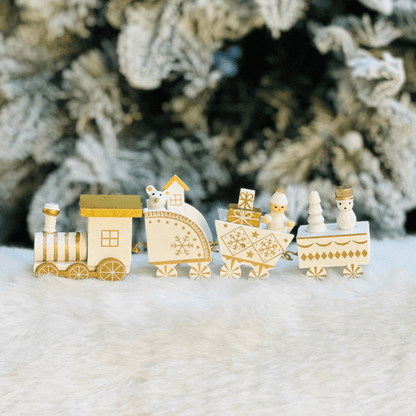Trem Natalino Branco e Dourado de Madeira 22,5x7,3x2,8cm