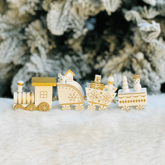 Trem Natalino Branco e Dourado de Madeira 22,5x7,3x2,8cm