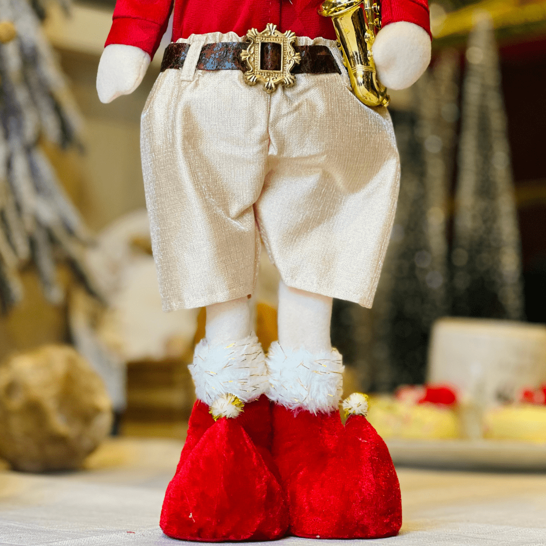 Elfo Natalino Com Saxofone Vermelho e Dourado 47cm