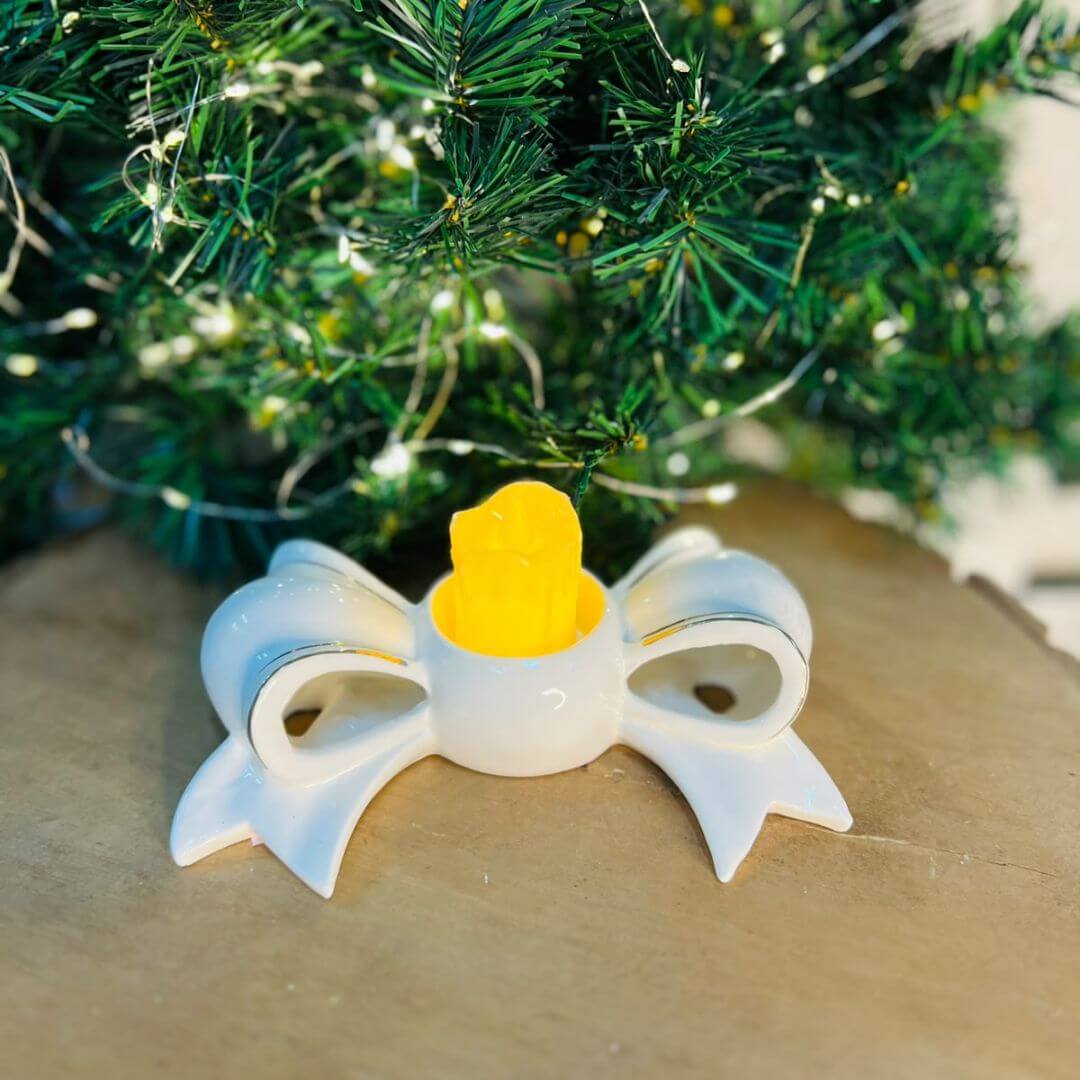 Porta Velas  Natal Decorativo Laço Branco - 5x18x11,6cm