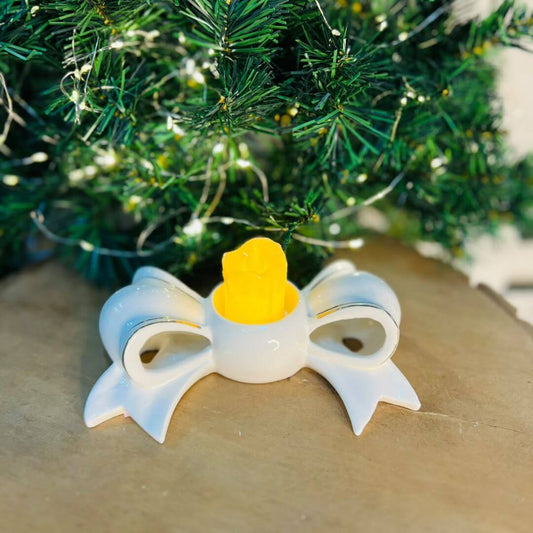 Porta Velas  Natal Decorativo Laço Branco - 5x18x11,6cm