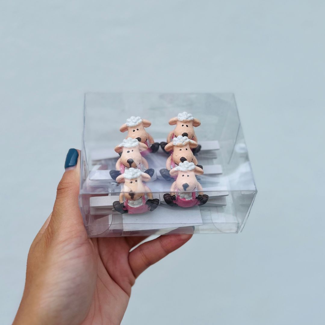 Jogo com 6 Prendedores de Ovelha - 3,1cm Rosa