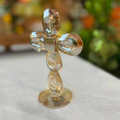 Crucifixo Ambar Em Cristal Lapidado Ornamental Com Base - 15 Cm