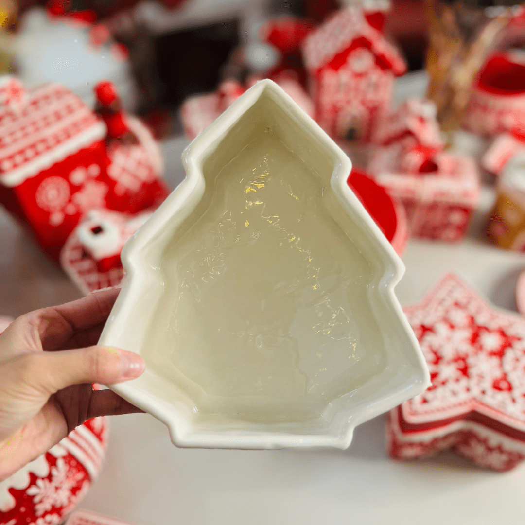 Pote Natalino Árvore Vermelho e Branco de Cerâmica 21x19x9cm