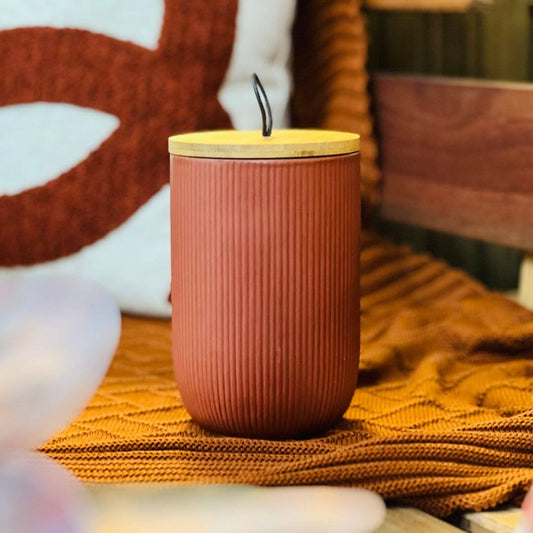 Potiche de Cerâmica Decorativo Com tampa Em Bambu e Pegador de Corda Lines Terracota - 10x10x15