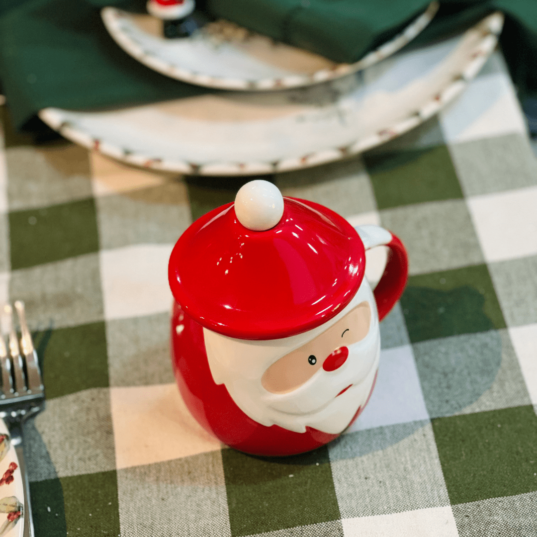 Caneca Papai Noel Com Colher e Tampa de Cerâmica 14cm