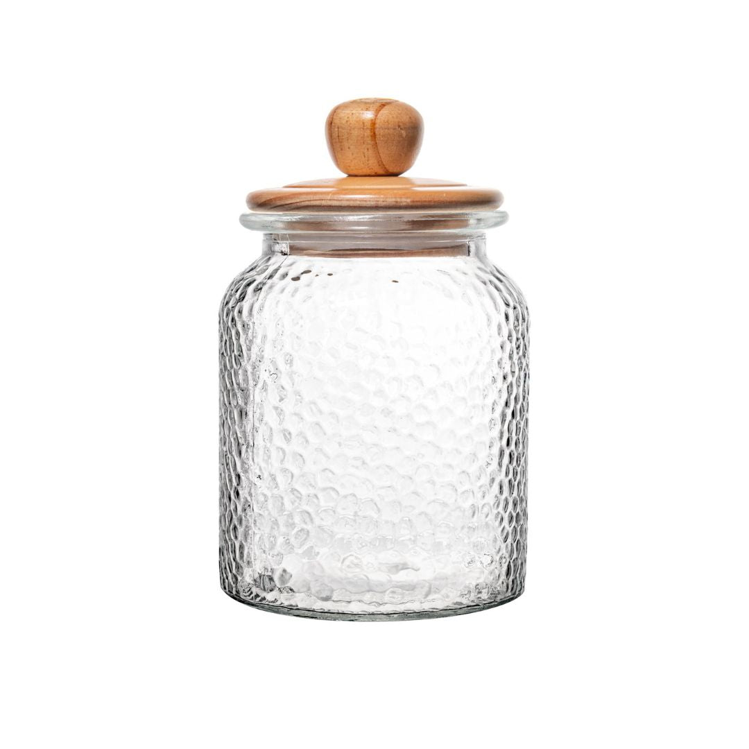 Pote de Vidro Martelado Com Tampa de Bambu - 1L