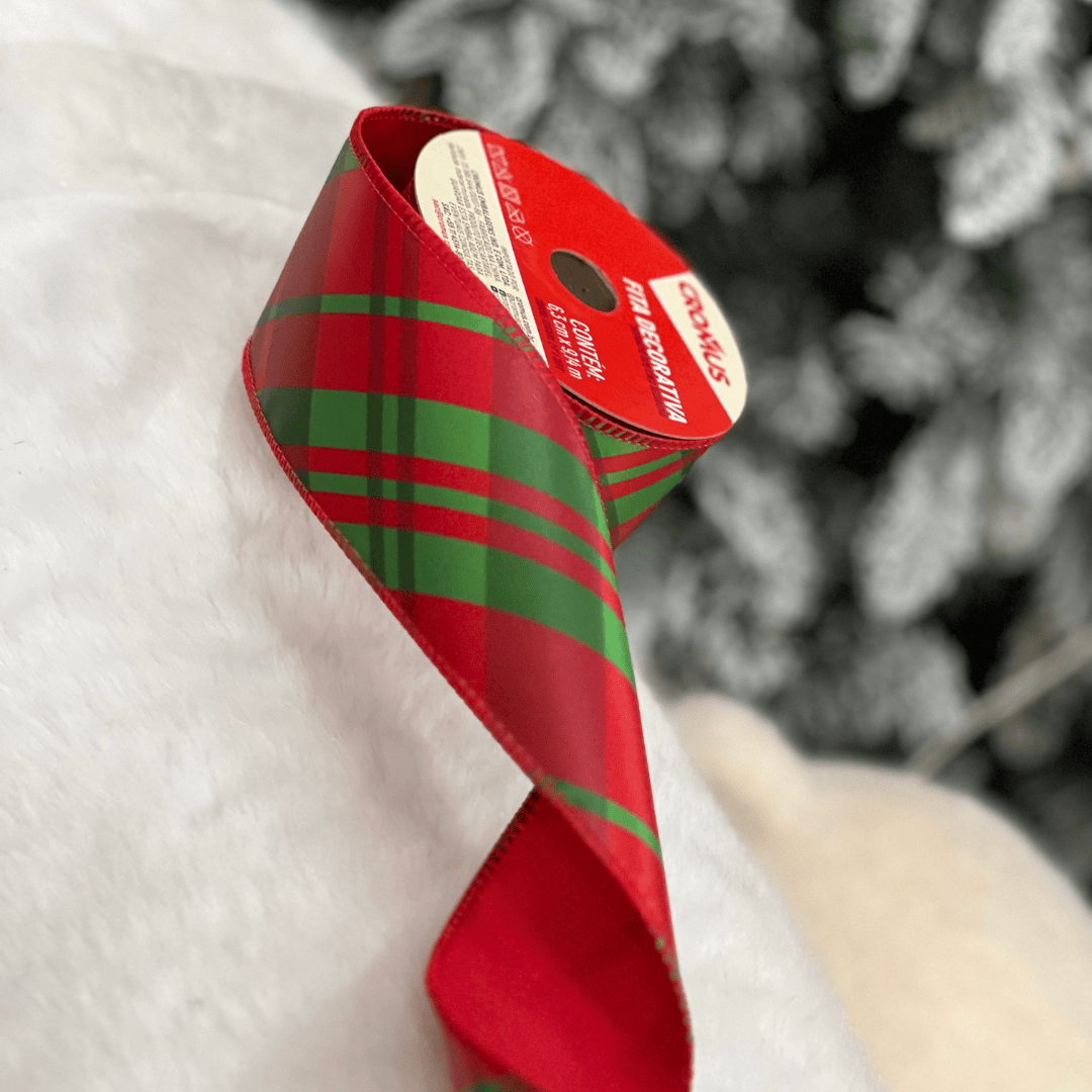 Fita Natalina Aramada Xadrez Vermelho e Verde 6,3cm x 9,14m