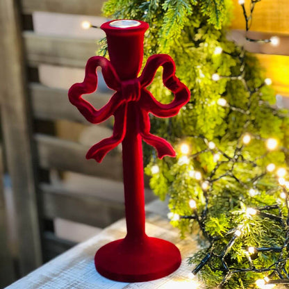 Castiçal Flocado com Laço Marsala | 24 cm