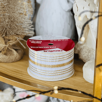 Fita Aramada Branco e Dourado Com Glitter 6,3cm x 9,14m
