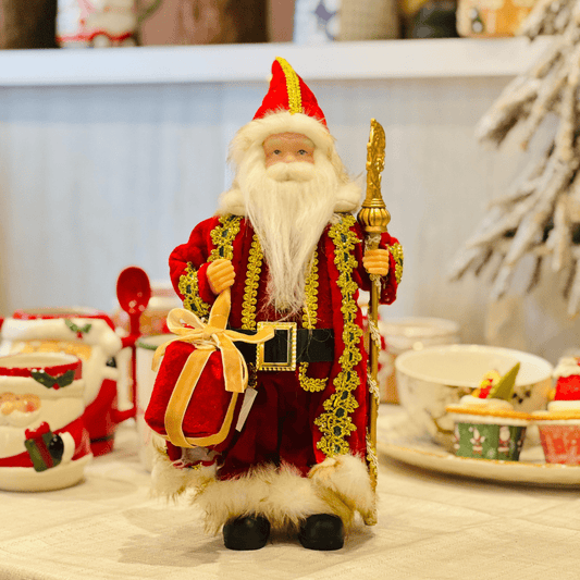 Papai Noel Em Pé Com Cajado Vermelho e Dourado 30cm