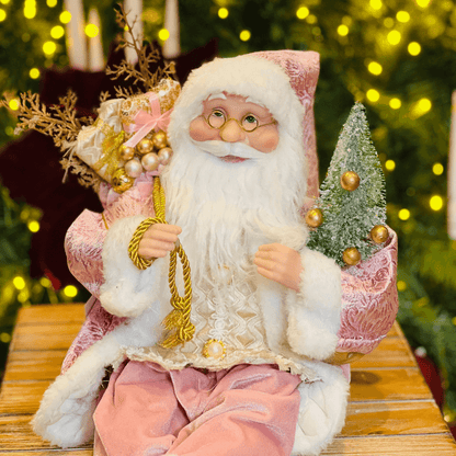 Papai Noel Sentado Com Presentes Rosa 28cm