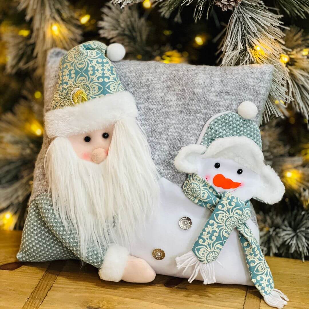 Almofada Natalina Noel e Boneco de Neve Azul 38cm