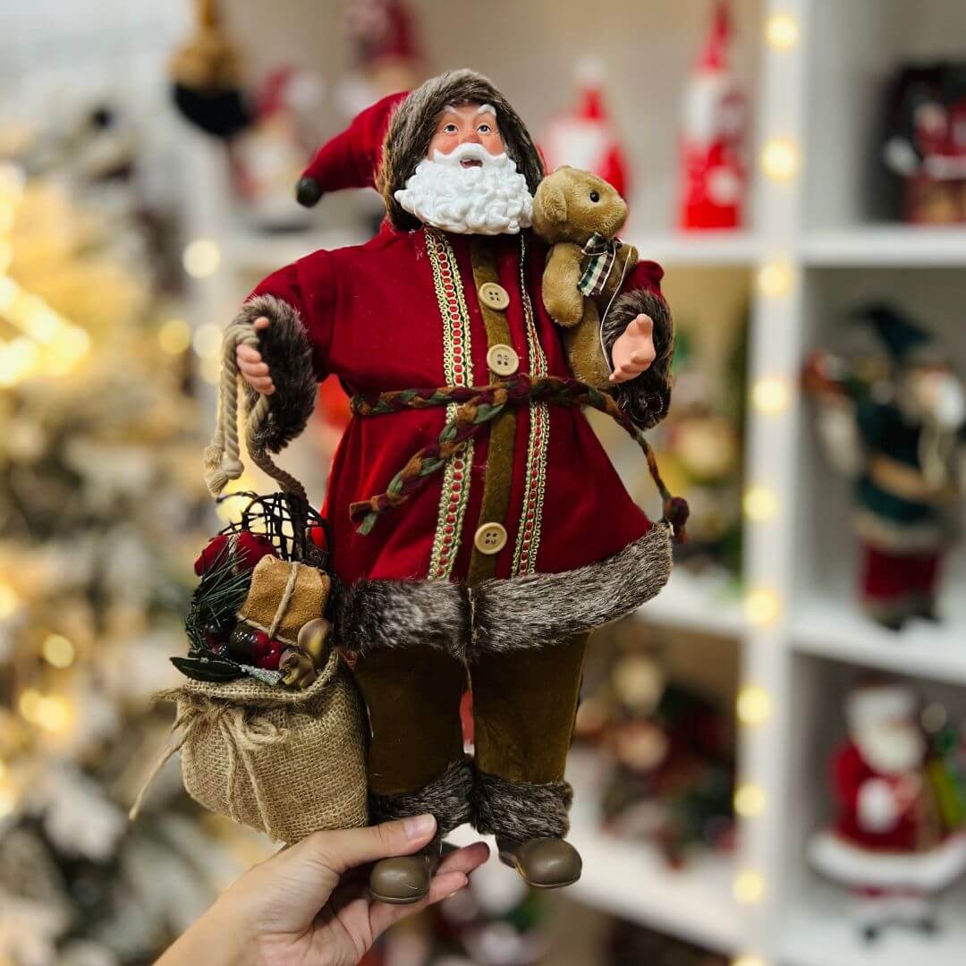 Papai Noel Com Saco de Presentes e Ursinho - 40cm