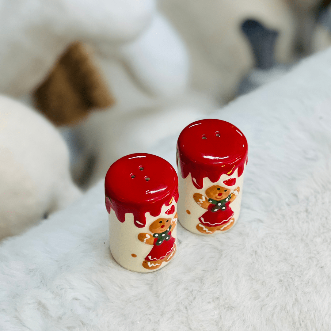 Kit Saleiro e Pimenteiro Natalinos Gingerbread de Cerâmica 8cm