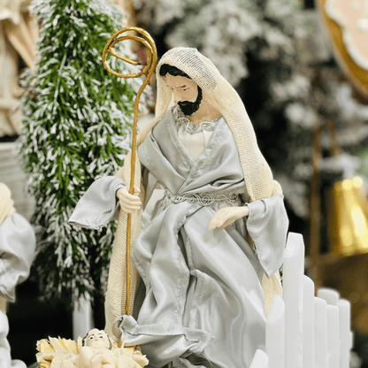 Presépio Natalino Plus Grande Azul e Bege de Resina 40cm 6 Peças