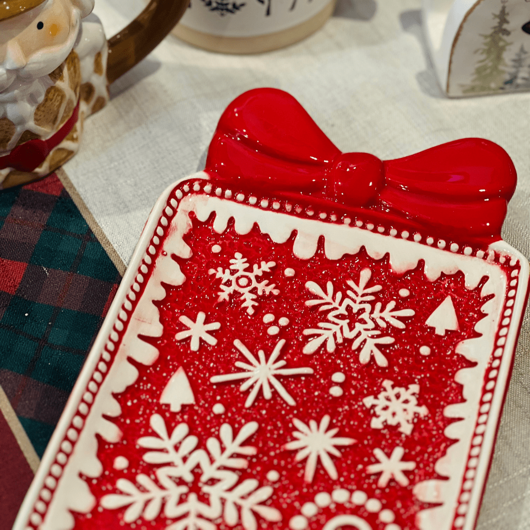 Travessa Em Formato de Presente Flocos de Neve 25x16cm