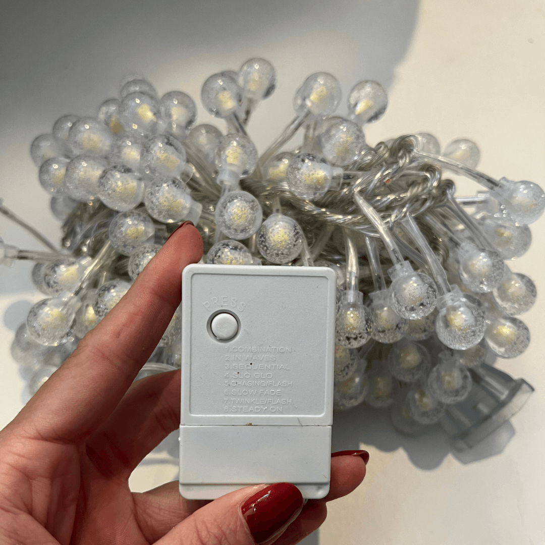 CORDAO BOLINHA FIO TRANSP. - 5M - 300 LEDS - BRANCO QUENTE - 220V - FIO EXTRA C- FUNCOES - M-