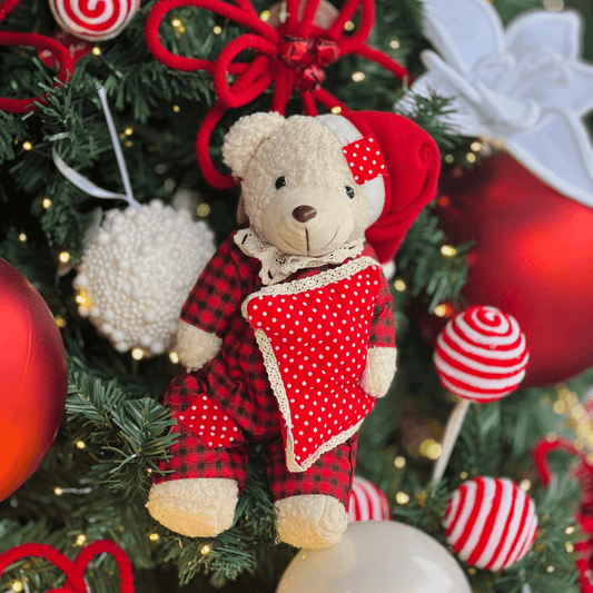 Urso Natalino de Pijama Xadrez Vermelho 30cm