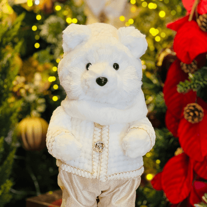 Urso Natalino  Em Pé Branco e Dourado de Sisal 47x23cm